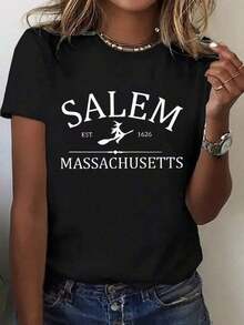 Women's T-Shirt With Salem And Massachusetts Witch's Broom Print - Casual Crew Neck T-Shirt Suitable For Salem Events And Casual Wear, Machine Washable Witchwear. Soft Fabric, Colorful Design, Suitable For Parties And Daily Wear, Fashion, Holiday Outfit, Ideal For Gifts. Suitable For Spring, Summer And Autumn. - 黑色 - 查看 1