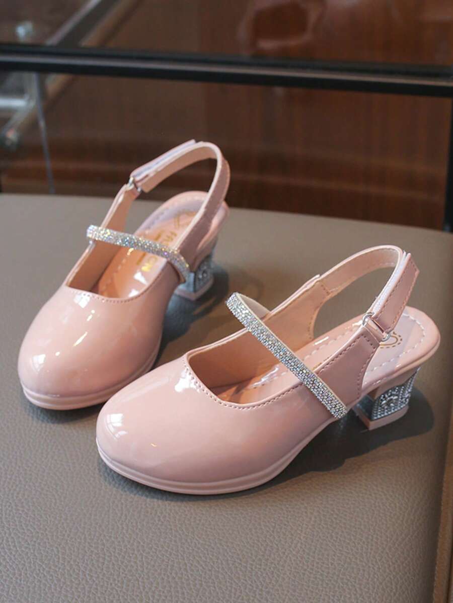 Giày sandal đế vuông Mary Jane đính đá cho bé gái, giày công chúa da bóng cho bé gái, thích hợp cho tiệc tùng và đi chơi hàng ngày. - Hồng - Xem 1