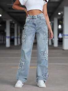 Blue Star Embroidery Jeans Vaqueros Bordados con Estrellas para Mujer, High Waist Denim Pants, Streetwear Y2K Casual Fashion Wide Leg Trousers - Celeste - Ver 4