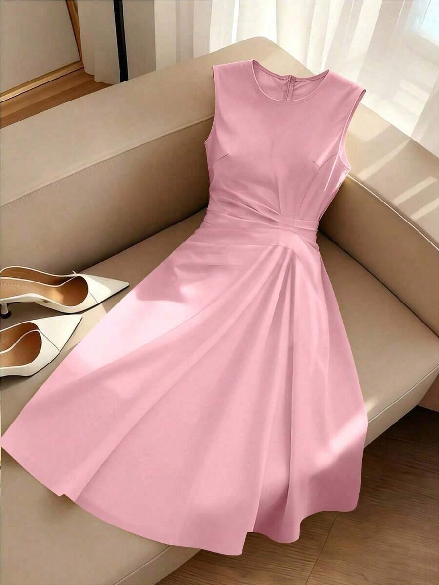 Vestido amarillo plisado sin mangas de verano para mujer, vestido elegante - Rosa - Ver 1