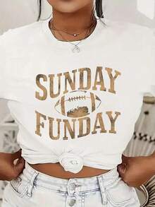 Camiseta gráfica para mujer "Sunday Funday" - Cuello redondo casual, manga corta, top de poliéster blanco con estampado de fútbol, lavable a máquina. Camiseta holgada, casual y versátil - Blanco - Ver 10