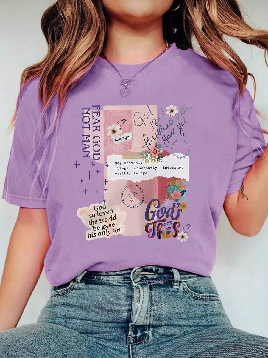 Women's Oversized Purple Summer T-Shirt With Floral Print And The Phrase "I Don't Care Thanks". Casual Short-Sleeved Purple T-Shirt With A Fun Phrase, Ideal For Youthful Looks. - YH500-紫色 - 查看 1