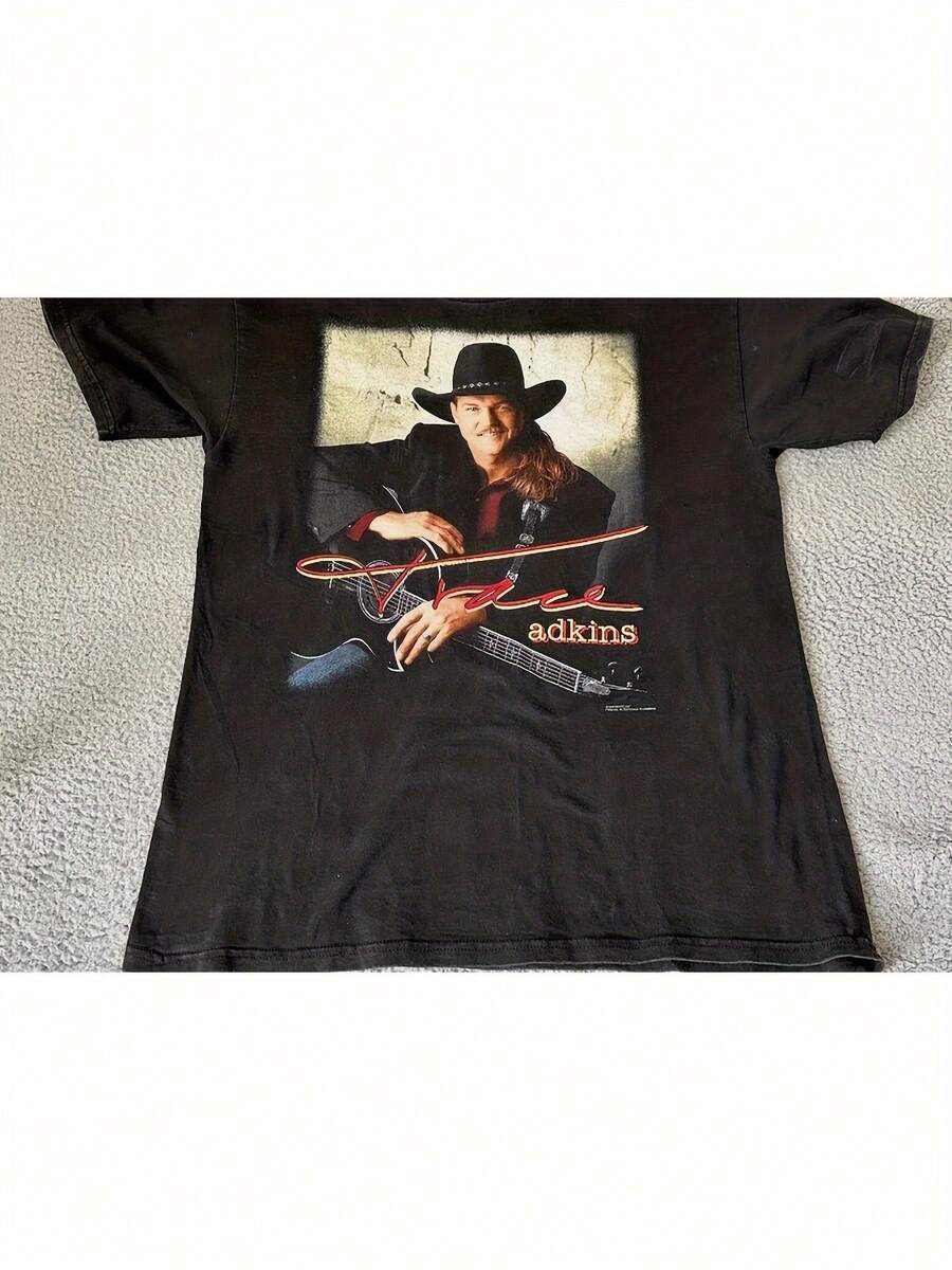 Camiseta Vintage Tres Adkins para Hombre, Tallas S a 3XL, Negra, para Conciertos de Country, Cómoda, Casual, 180g, Camiseta para Uso Diario, Corte Relajado, Ajuste Holgado, Estilo Vintage, Ajuste Cómodo, Textura Suave, Manga Corta, Estilo Unisex, para Fanáticos de la Música, Moda Masculina - Negro - Ver 1