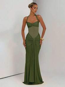 Spring Party Dress In Pink: Thin Straps, Open Back, Fitted Waist And High Slit With Mesh Details – Ideal For Holidays - 橄欖綠 - 查看 4