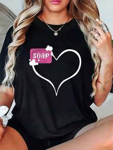 Lazy  Casual para Mujeres - Diseño SOAP con Corazón y Nubes, Manga Corta Cuello Redondo, Adecuada para Primavera y Verano, Ropa Casual |   Impresión Interesante |   Tela ligeraHoliday Camiseta Gráfica - Negro - Ver 1