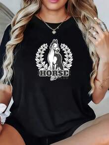 Camiseta de manga corta con estampado de estilo ecuestre para mujer, top casual holgado, diseño moderno y a la moda con cuello redondo negro, fresca y versátil para combinar. Camisetas gráficas de verano para mujer, camiseta casual estampada, manga corta y cuello redondo, moda urbana local de primavera/verano. - Negro - Ver 7
