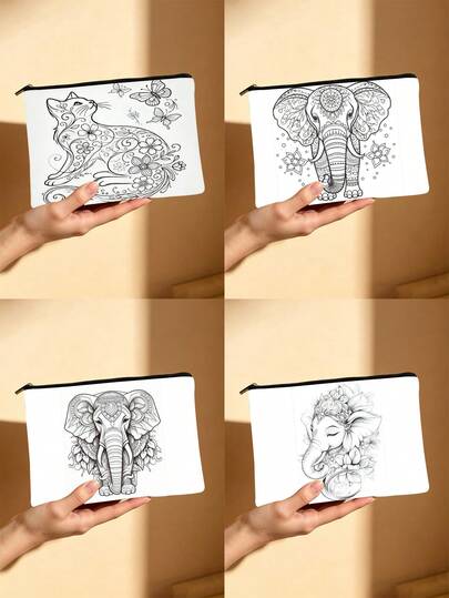 Bohemian Mandala Animal DIY Coloring Cosmetic Bag, Black & White Line Art Toiletry Pouch, Customizable Color-Your-Own Makeup Organizer, Travel Essentials, Perfect Gift For Craft Lovers