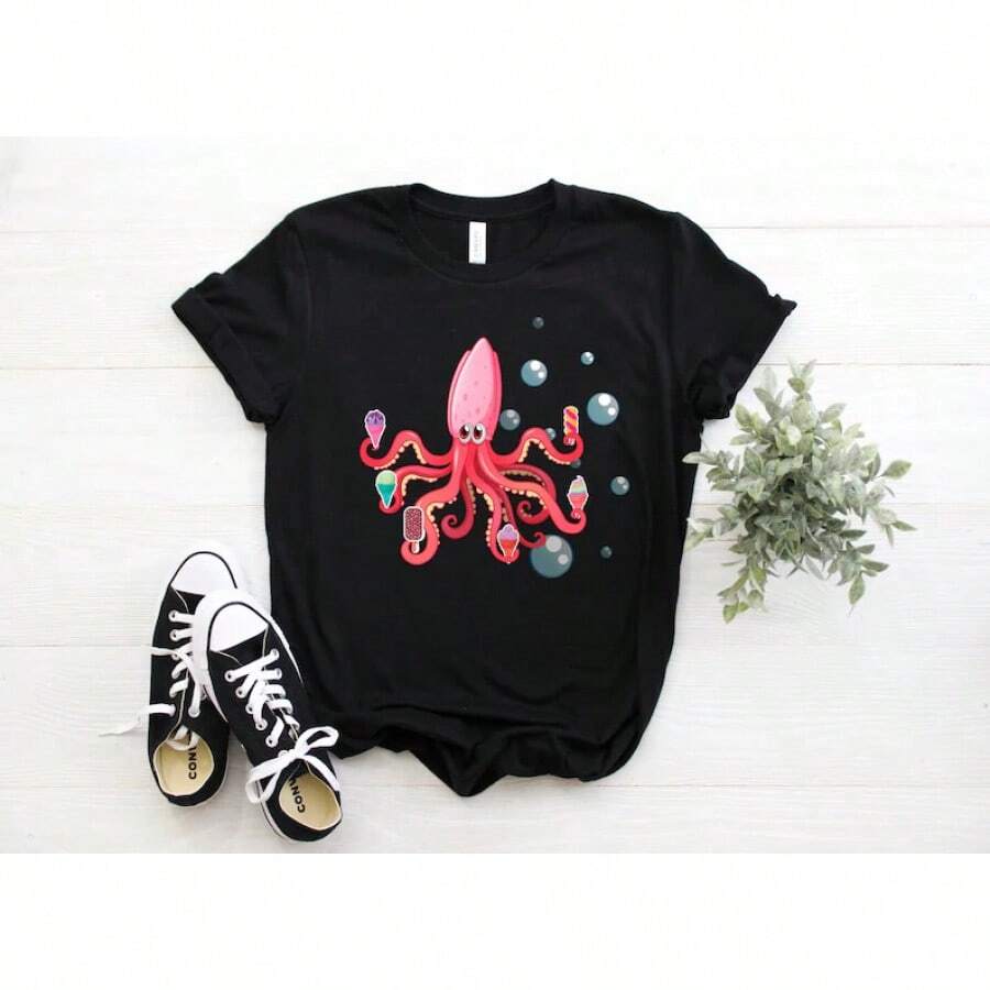 Octopus Lover T-Shirt, Funny Ice Cream Design Tank Top, Kraken Tentacles Crop Top, Sea Monster T-Shirts, Gift For Dessert Lovers, Party Favor. - 黑色 - 查看 1