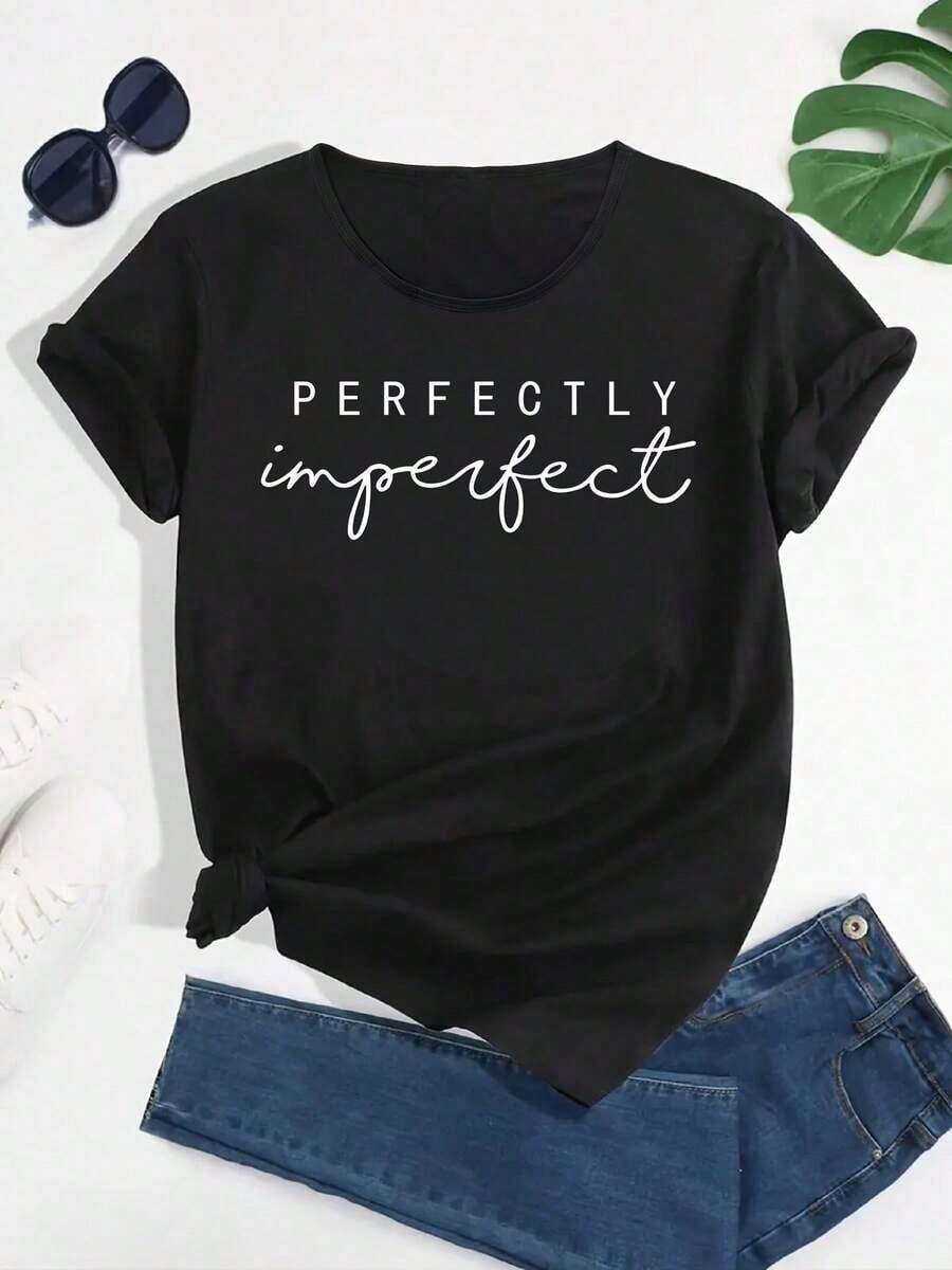 Camiseta de Verano para Mujer con Estampado de Letras - Camiseta Deportiva Casual de Cuello Redondo - Estilo Urbano Vintage Unisex, Holgada, de Algodón, Manga Corta, 100% Algodón Puro - Negro - Ver 1