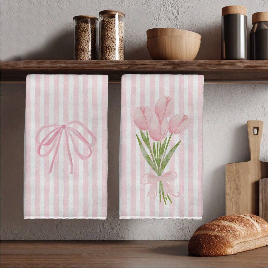MEMNUN 2件裝粉色條紋蝴蝶結鬱金香印花廚房抹布 40*60cm/45*70cm 超細纖維現代柔軟洗碗布 手巾 家居裝飾 廚房裝飾 烹飪烘焙手巾 廚房配件 可機洗 日常清潔用品 適用於餐廳廚房 節日裝飾與禮物 全季節 - 彩色 - 查看 1