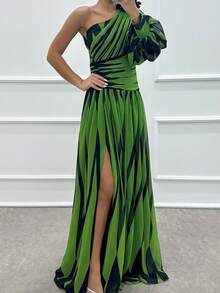 Off-The-Shoulder Print Dress With A Casual Slit For Everyday Wear - 綠色 - 查看 2