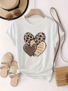Camiseta con Estampado de Leopardo y Diseño de Corazón - Manga Corta, Cuello Redondo, Estilo Casual con Apliques y Gráficos, Transpirable para Uso en Todas las Estaciones, Ideal para Conjuntos a Juego con Hermanas, Eventos, Viajes - Blusa Cómoda de Elasticidad Media para Uso Diario 100% Cotton Blusas Bonito - Blanco - Ver 6