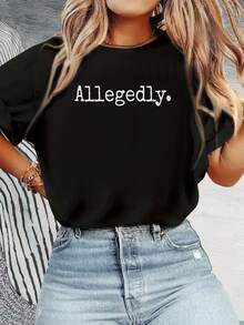 Black Crew Neck Sweatshirt With Text Print, Perfect For Everyday Casual Wear. This Short-Sleeved T-Shirt Is Made Of Lightweight Fabric Suitable For All Seasons. A Basic Black T-Shirt That Is Soft And Comfortable For Daily Wear (Cut Is A Bit Harsh; Please Check). - 黑色 - 查看 1