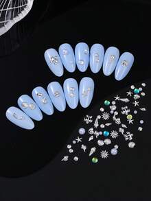 12件裝銀色海洋風美甲裝飾，銀色貝殼與海星合金吊飾含美人魚與珍珠，夏季美甲DIY美甲沙龍用品 - 彩色 - 查看 7