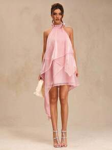 Vestido de satén de línea A con escote halter y espalda descubierta de unicolor amarillo/crema, adecuado para primavera/verano, vacaciones, playa, invitada elegante de boda, fiestas, ocasiones de otoño/invierno, Navidad elegante, Halloween - Rosa - Ver 6