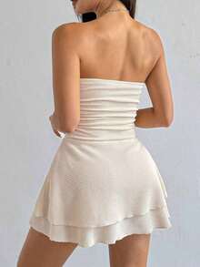 Vestido corto sexy tipo bandeau con estampado de leopardo y falda con volantes en capas - Albaricoque - Ver 2