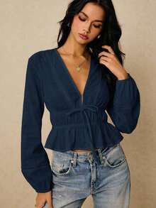 Camisa casual de mujer de unicolor con cuello en V y detalle de nudo en la parte delantera, de manga larga - Azul marino - Ver 5