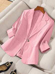 Blazer de lino de 3/4 de manga con cintura ajustable, diseño de botones, adecuado para ir al trabajo, eventos formales, fiestas elegantes, ropa de oficina - Primavera, Verano, Otoño - Rosa - Ver 1