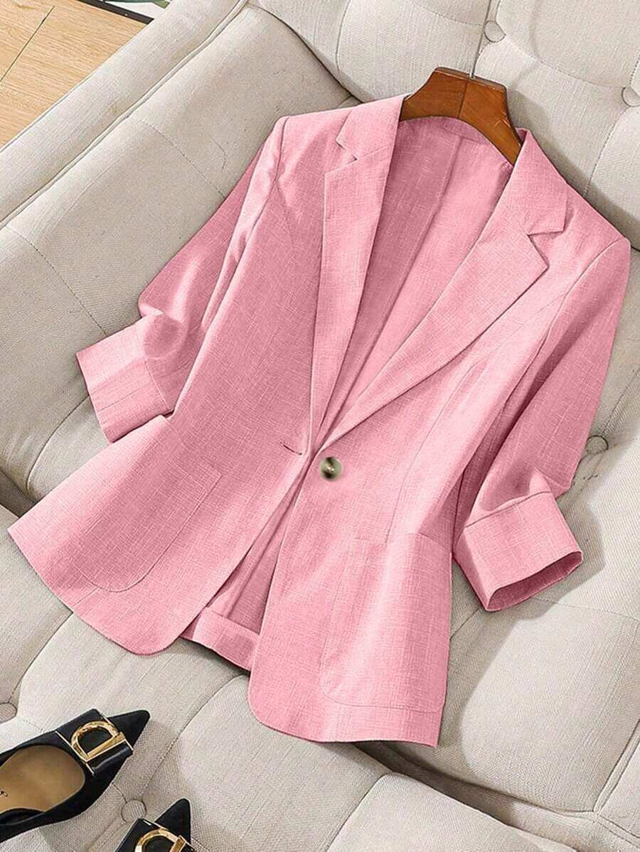 Blazer de lino de 3/4 de manga con cintura ajustable, diseño de botones, adecuado para ir al trabajo, eventos formales, fiestas elegantes, ropa de oficina - Primavera, Verano, Otoño - Rosa - Ver 1