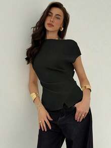 Blusa de oficina para mujer con cuello de barco, mangas cortas y corte cropped en color beige - Negro - Ver 6