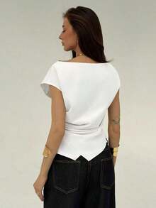Blusa de oficina para mujer con cuello de barco, mangas cortas y corte cropped en color beige - Blanco - Ver 2