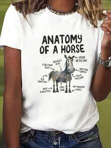 [Regalo Divertido para Amantes de los Caballos] Camiseta Humorística para Mujer con la Divertida Anatomía de un Caballo, Transpirable, Casual de Verano, con Gráficos de Dibujos Animados y Etiquetas Divertidas - Blanco - Ver 1