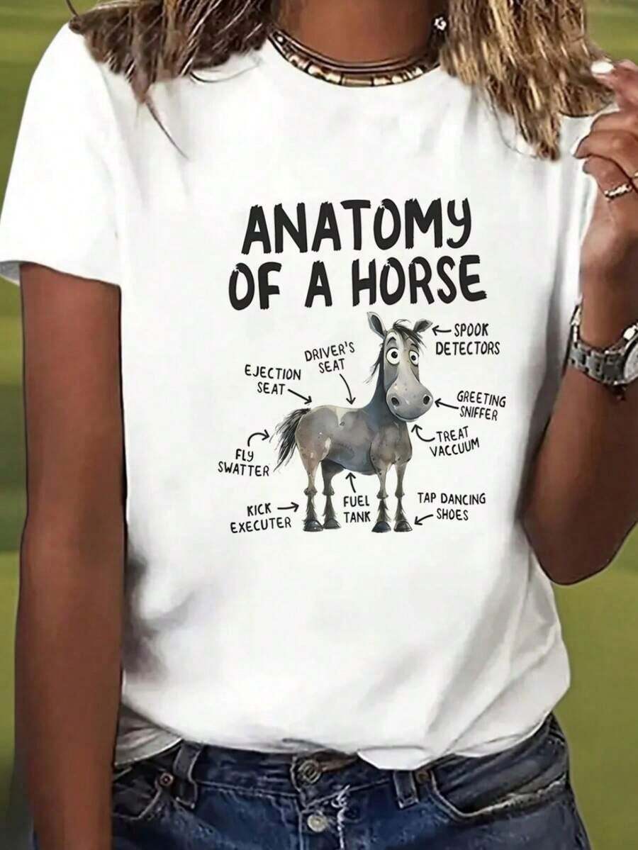 [Regalo Divertido para Amantes de los Caballos] Camiseta Humorística para Mujer con la Divertida Anatomía de un Caballo, Transpirable, Casual de Verano, con Gráficos de Dibujos Animados y Etiquetas Divertidas - Blanco - Ver 1