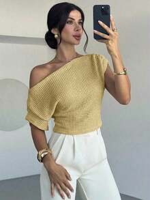Camiseta de mujer con cuello asimétrico texturizado y mangas tipo murciélago, blusa de tela perforada, adecuada para primavera y verano, para ir al trabajo, elegante, casual, diaria, ocasiones de trabajo.Blusa de mujer de color amarillo claro.Ca - Amarillo - Ver 11