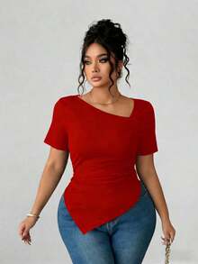 Camiseta de manga corta de cuello asimétrico para mujer talla grande, top ajustado versátil y elegante de alta gama, adecuado para primavera/verano - Rojo - Ver 5