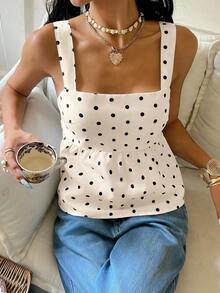 Camiseta sin mangas con volantes y estampado de lunares para vacaciones - Albaricoque - Ver 6