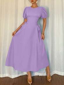 Vestido elegante y romántico para vacaciones de boda de verano 2025 en azul francés regular, con hombros sueltos, mangas abullonadas, cintura drapeada y lazo lateral ajustado - Púrpura malva - Ver 3