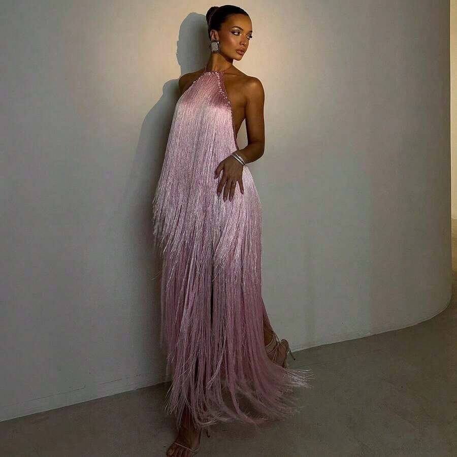 Sexy Halter Neck Backless Long Tassel Dress Gown - Baby Pink - View 1