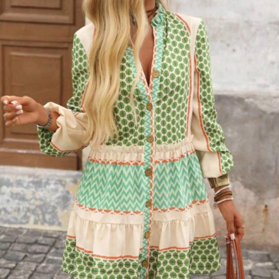 Women's Floral Wavy Striped Single-Breasted Lantern Sleeve Casual Mini Dress, Boho Dress Women, Summer Long Sleeve Dress, 70s Dress, Cottagecore Dress, Italian Summer Dress,Bohemian,Boho Chic,Boho Women Clothing,Western Wear Women,Western,Fall Clothes For Women,Fall Dress,Halloween Clothes Women,Going Out Outfits,Old Money Style Women,Old Money Dress, - Verde - Ver 1
