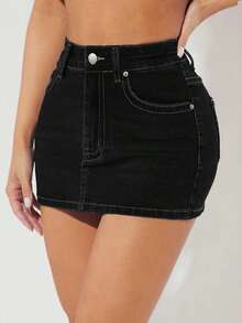 Falda en mezclilla de talle alto ajustado - Negro - Ver 1
