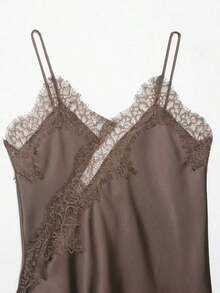 Nueva llegada Camiseta de mujer con decoración de encaje sexy, estilo europeo y americano para el verano - Marrón Mocha - Ver 3