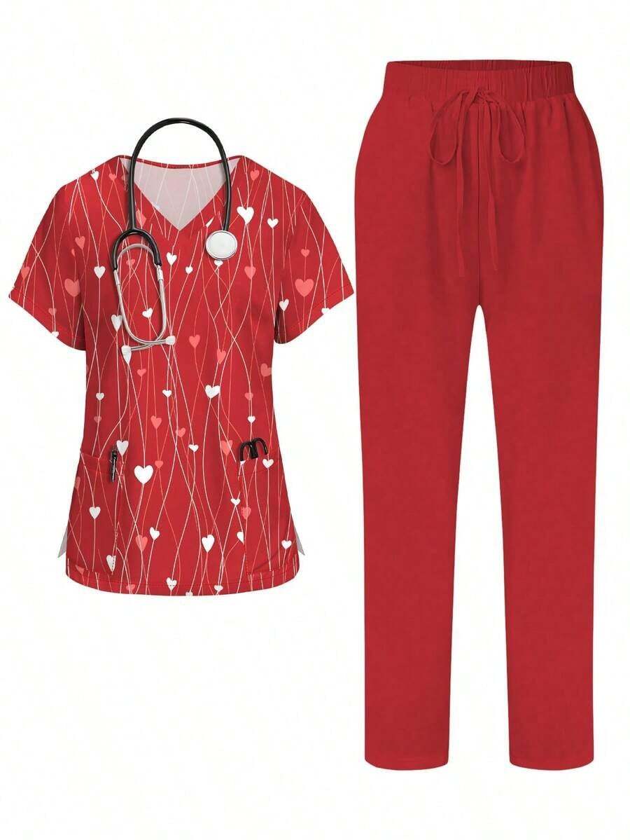 PopScrub Conjunto de 2 piezas con diseño de bolsillo con oreja, estampado de gato y planta de dibujos animados, de cuello en V y manga corta, uniforme de enfermera de primavera/verano, pantalón casual de color azul claro, conjunto de uniforme de enfermera, adecuado para amantes de los gatos - Multicolor 2 - Ver 1