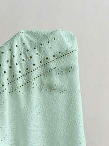 Blusa casual versátil de estilo francés para mujer, de punto puro blanco, con cuello en V, cordón y manga corta ajustada - Verde - Ver 4