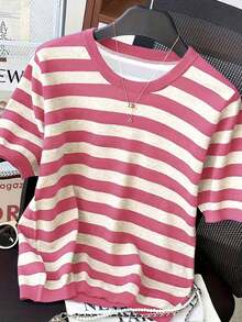 Camiseta de manga corta de cuello redondo a rayas para mujer, de uso versátil y casual para uso diario - Multicolor 4 - Ver 3
