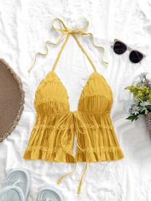 Nuevo top sin espalda con tirantes ajustables y textura, para primavera, verano, Pascua, festivales de música electrónica, estilo occidental para mujer, bohemio, vaquera, modesto, estilo fairy core, vacaciones tropicales, despedida de soltera, - Naranja - Ver 5