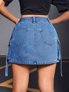 Falda de mezclilla de unicolor de moda para mujer - Azul lavado oscuro - Ver 2