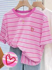 Camiseta de mujer talla grande con estampado digital a rayas de colores y bordado de fresa, regalo para amigos - Blanco 4 - Ver 1