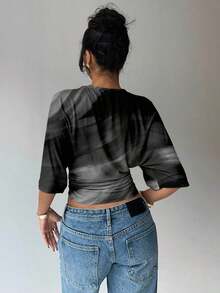 Blusa de verano para mujer con diseño de manga murciélago, cuello redondo, fruncido y estampado floral de tinte de agua en tonos cálidos, ideal para playa/vacaciones, un look casual, minimalista y elegante - Gris Oscuro - Ver 2