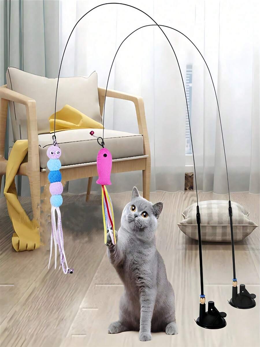 1 pieza Juguete interactivo de varilla para atraer gatos, repuesto de plumas artificiales y campanas para productos atrapadores de mascotas, adecuado para ejercicio y entretenimiento de gatos, varilla de juego manual con diversos insectos para reemplazar el cabezal