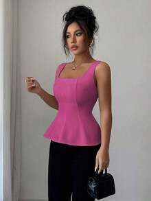Blusa elegante de cuello cuadrado sin mangas para mujer, adecuada para la oficina, el transporte, el té de la tarde, las fiestas, las vacaciones y ocasiones casuales - Rosa Fucsia - Ver 3