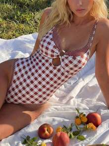 Traje de baño de una pieza a cuadros para mujer Swim Mod con tirantes finos, adecuado para vacaciones en la playa, primavera/verano. - Multicolor - Ver 5