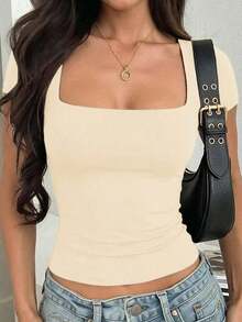 Camiseta de manga corta con cuello cuadrado de punto de unicolor, ajustada y sexy, estilo Y2K, para mujer Vaiaye, adecuada para actividades de primavera/verano y el Día de San Valentín - Albaricoque - Ver 12