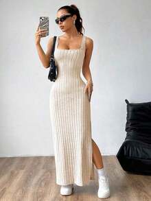 maxi informal sin mangas con abertura lateral, atuendo de mujer - Albaricoque - Ver 5