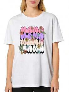 Women's Plus Size Short-Sleeved T-Shirt With Round Neck And "Mama" Graphic Print In Vibrant Colors, Relaxed Fit, Comfortable For Spring And Summer, Women's T-Shirt, Machine Washable, Comfortable Fit. - 白色 - 查看 6