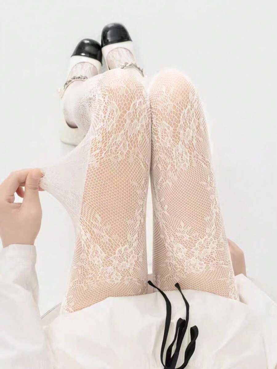 1双女士可爱白色碎花透视渔网袜女靴白色便宜衣服Y2K可爱运动趣味鞋礼物 - 白色 - 查看 1