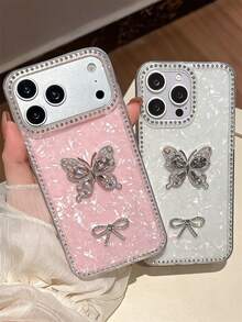 Funda de teléfono con patrón de concha rosa, mariposa con brillos de strass, compatible con iPhone 17 Pro Max, 17 Pro, 17, 16 Pro Max, 16 Pro, 16, 15 Pro Max, 15 Pro, 14 Pro Max, 14 Pro, 13, cubierta protectora de lujo y moda - Blanco - Ver 2